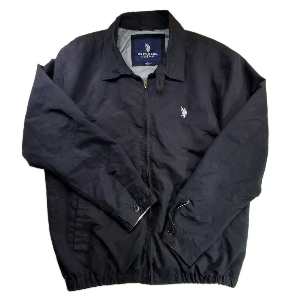 U.S. POLO ASSN. Sz L Windbreaker Jacket Golf Mens Black Grey Lining Full Zip